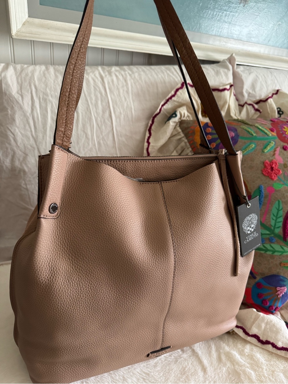 Vince Camuto Tan Pebbled Leather and Suede Shoulder Bag